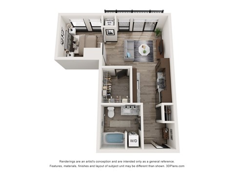 Floor plan for 1 bed, 1 bath, 601 sqft